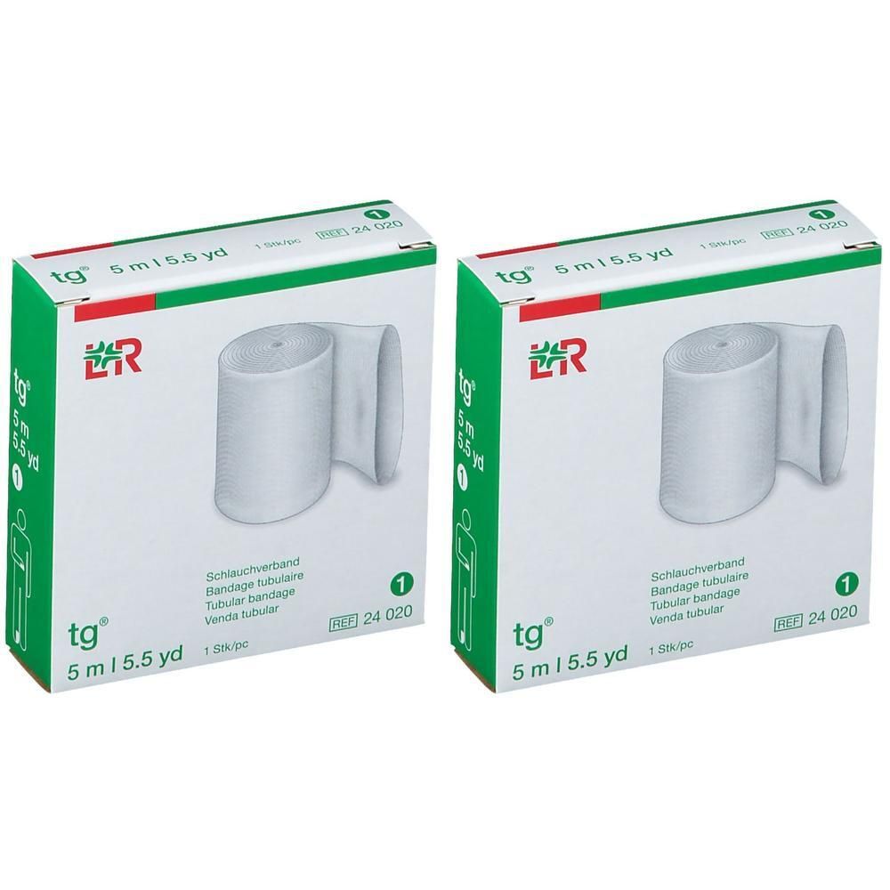 Deux paquets de bandage tubulaire TG, 5m x 5.5yd. Bandage blanc et souple sur rouleau.