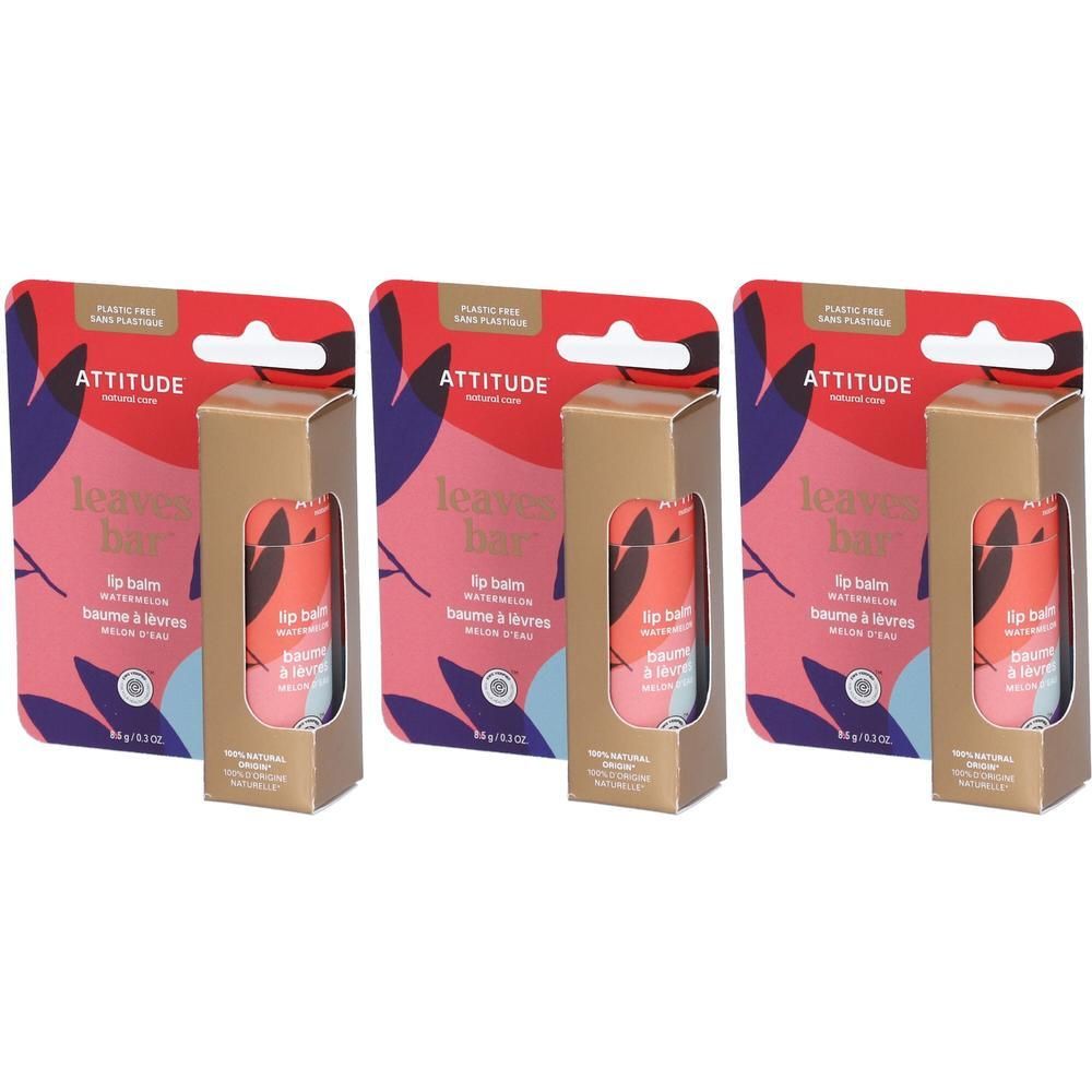 Drie Attitude lippenbalsemsticks met watermeloensmaak, individueel verpakt.