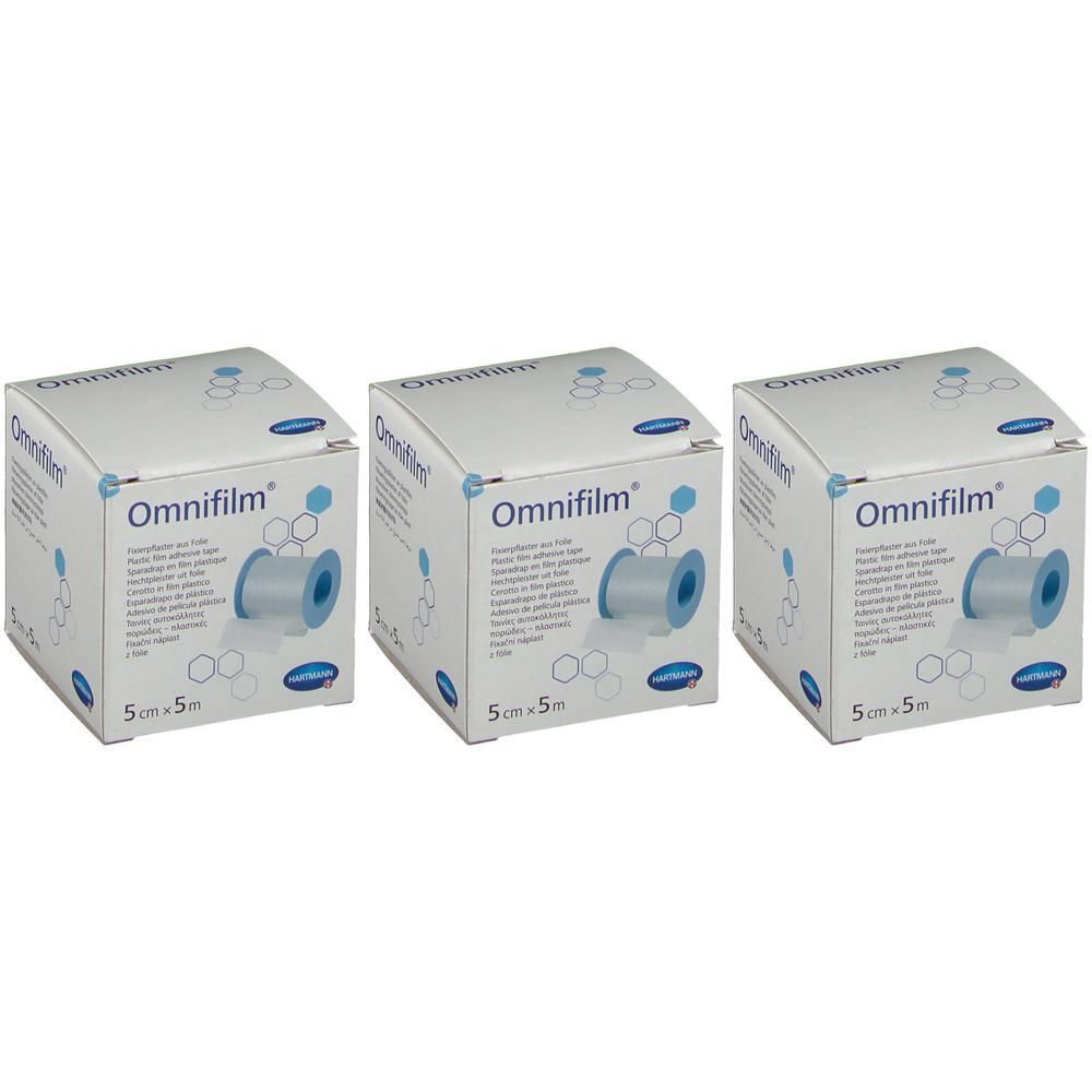 Drie pakken Hartmann Omnifilm 5 cm x 5 m kleefpleister.