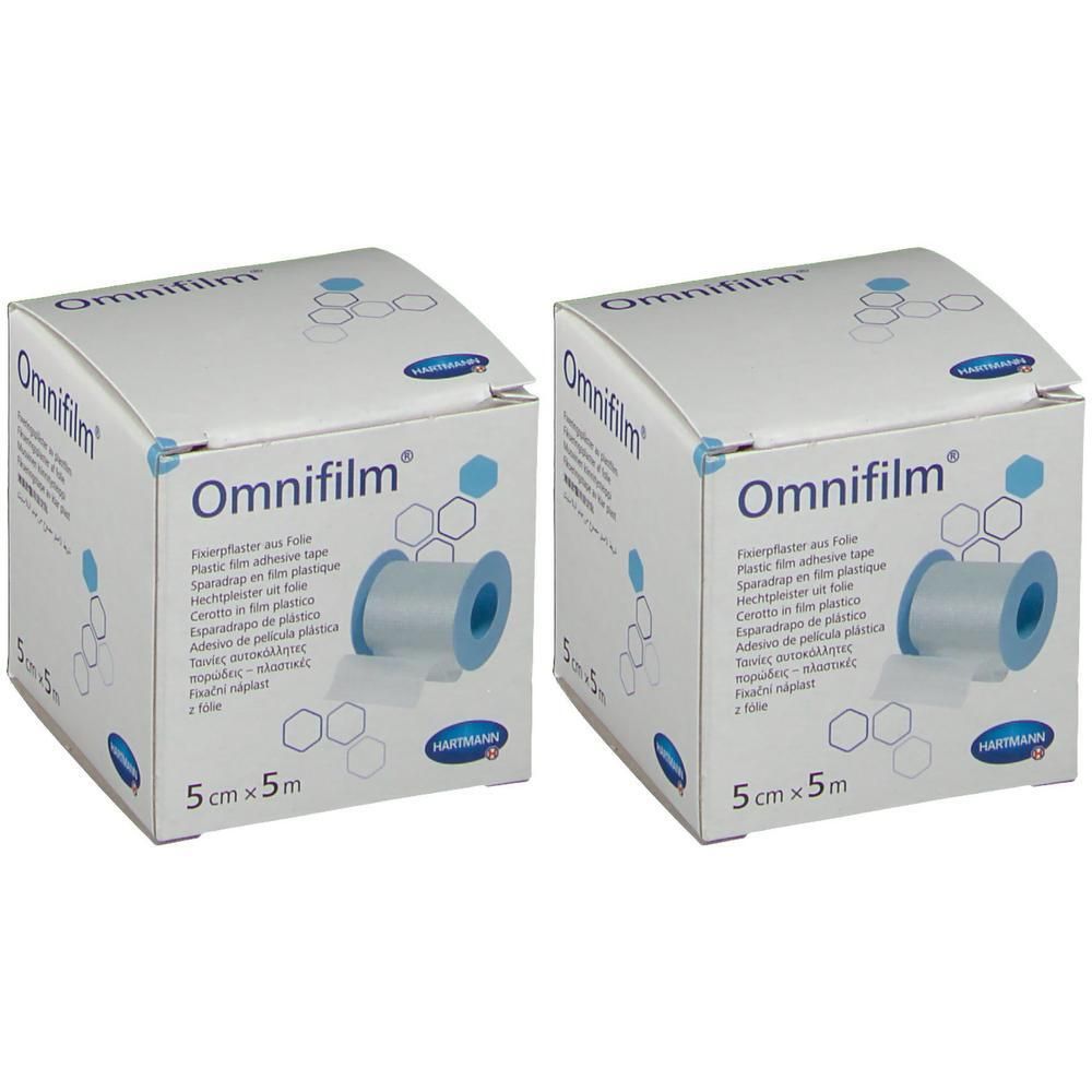 Deux paquets de ruban adhésif Hartmann Omnifilm 5 cm x 5 m.