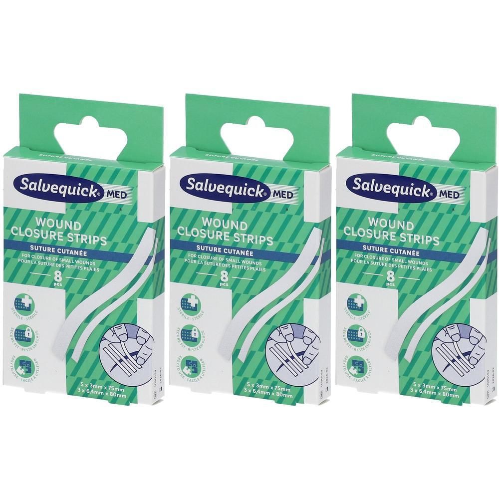 Trois paquets de Salvequick Med Wound Closure Strips, 8 pièces chacun.