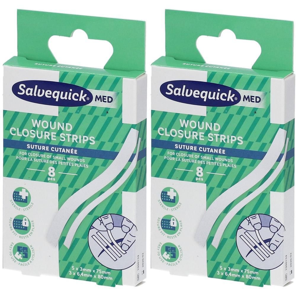Deux paquets de Salvequick Suture Cutanée, 8 pièces par paquet. Stérile et facile à utiliser.