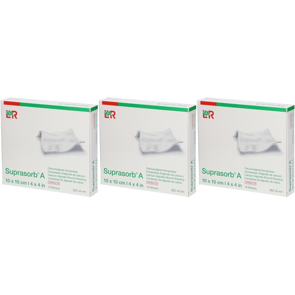 Trois boîtes de compresses d'alginate de calcium Suprasorb A, 10 x 10 cm.