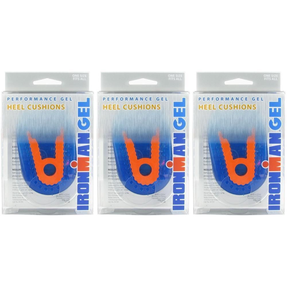 Drie paar blauwe en oranje gel hielkussentjes in verpakking.