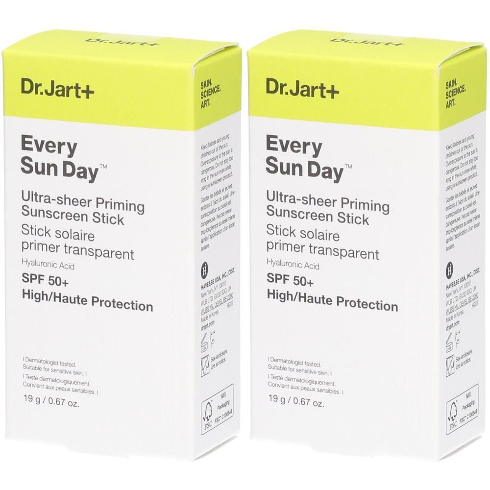 Deux sticks solaires Dr. Jart+ Every Sun Day avec FPS 50+.
