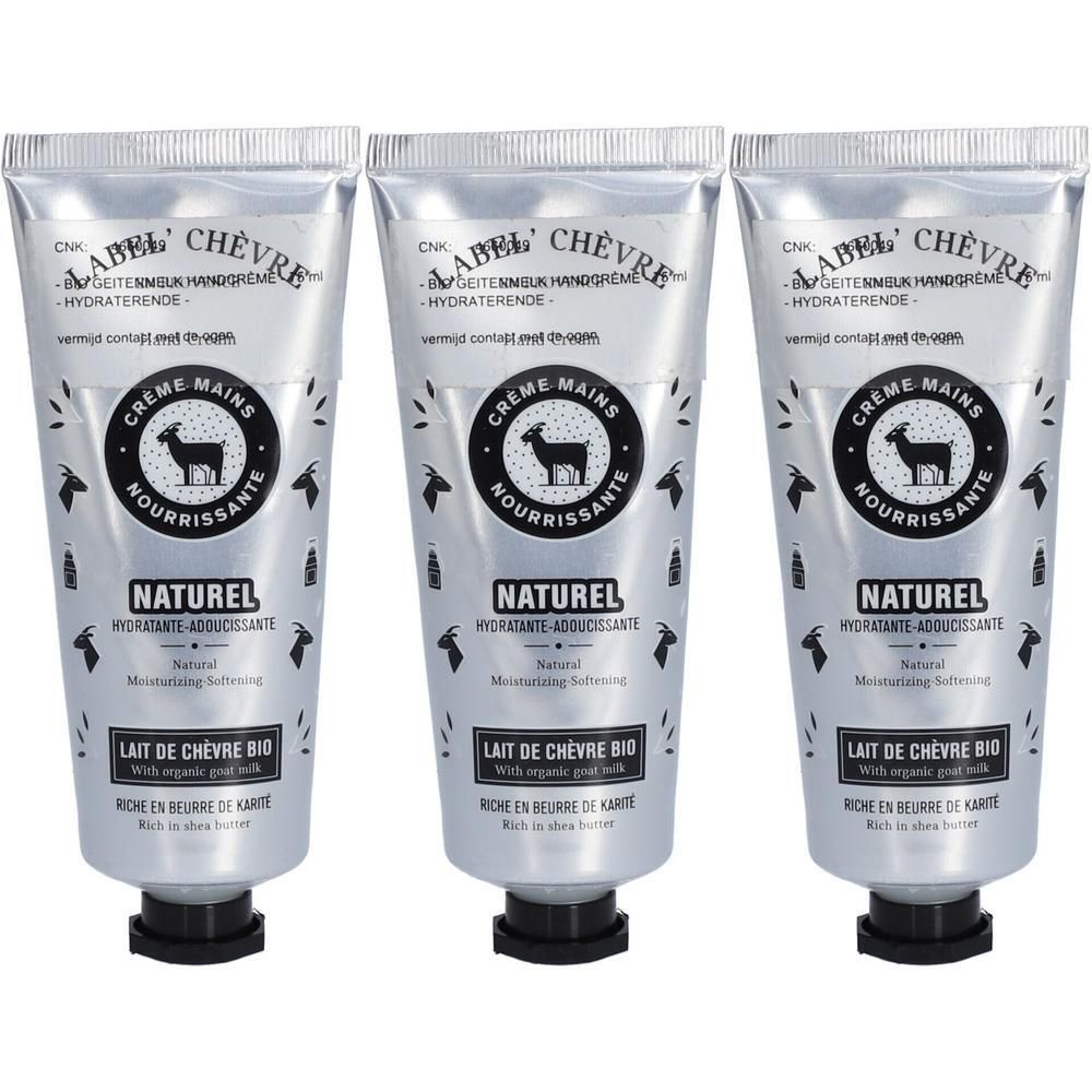 Trois tubes de crème mains au lait de chèvre, inscription "Naturel" et "Lait de Chèvre Bio".