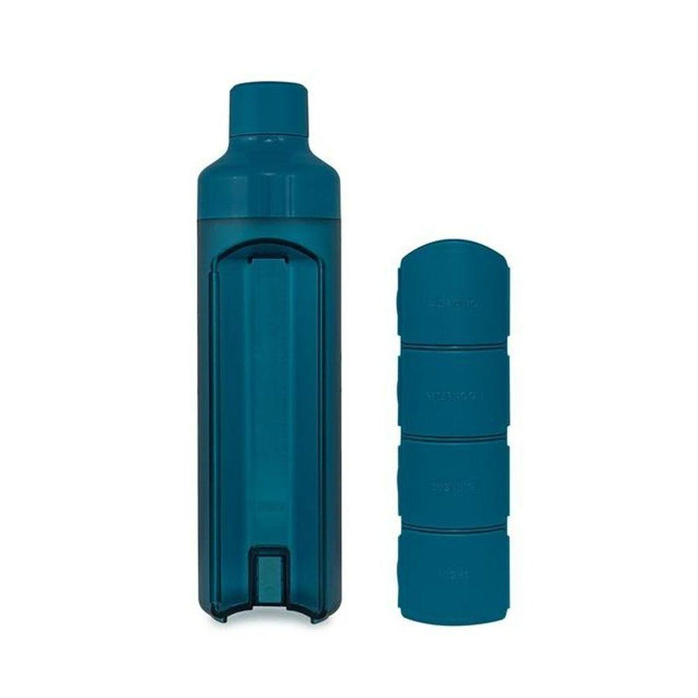 Un flacon d'eau avec organiseur de pilules bleu avec un récipient à pilules empilé et détachable à côté.