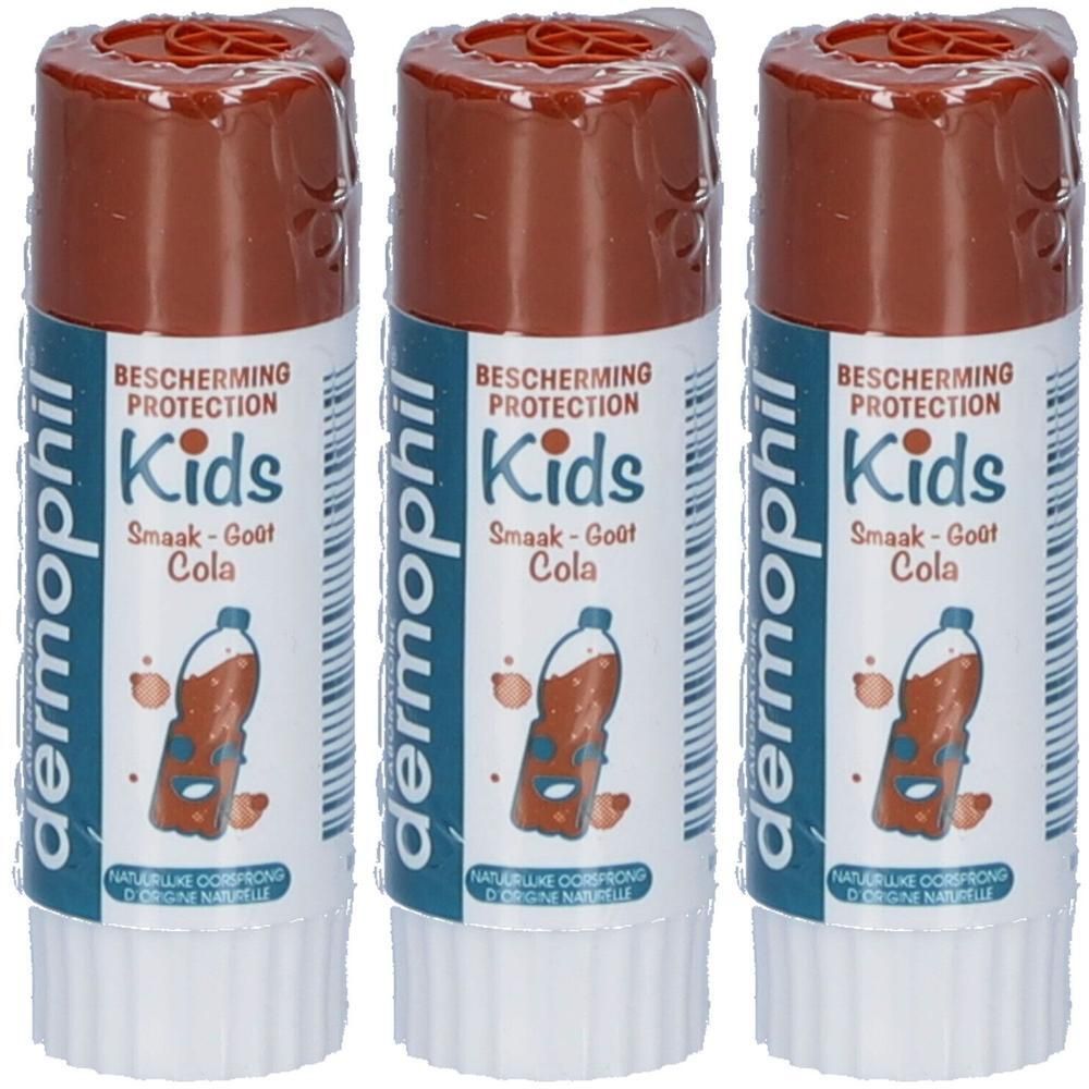 Trois sticks à lèvres Dermophil Kids Goût Cola. Protection pour enfants.