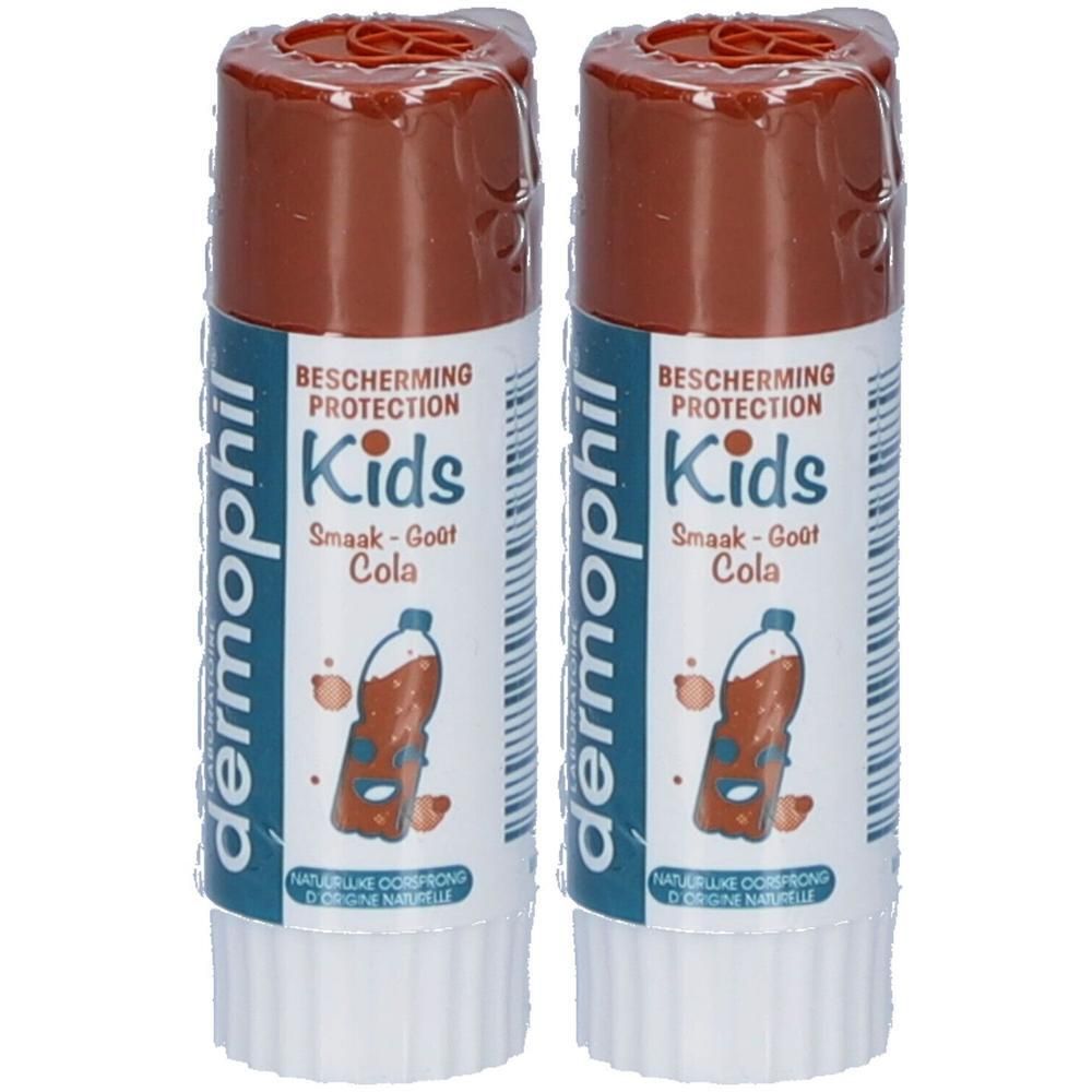 Twee Dermophil Kids lippenbalsems met Cola smaak.