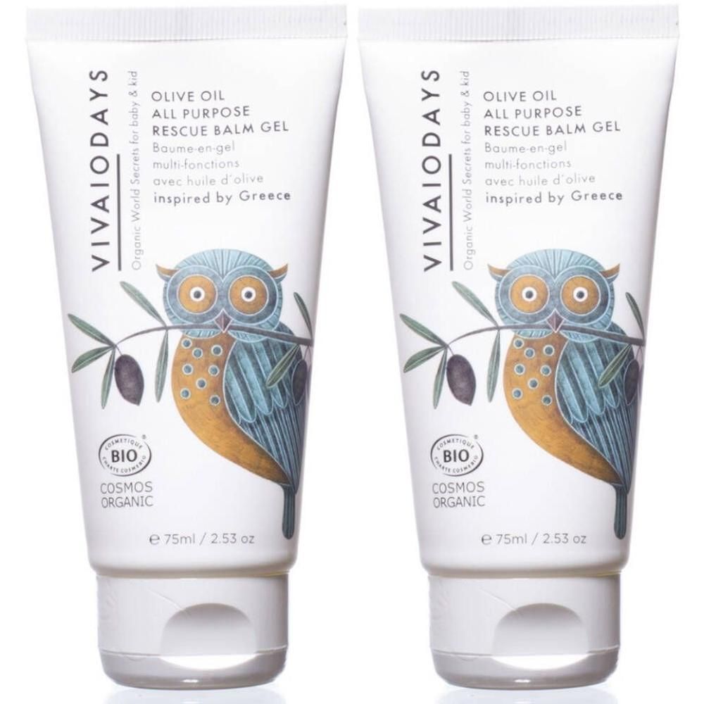 Deux tubes de Baume-Gel VIVAIODAYS à l'huile d'olive, illustration de hibou. 75ml.