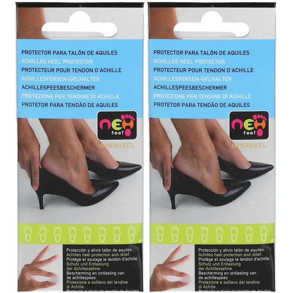 Deux paquets de protège-talons en hydrogel avec le logo 'NEH feet'.
