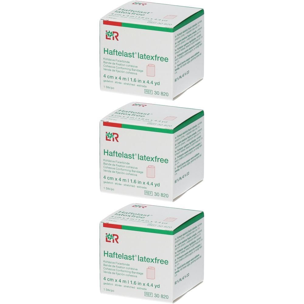 Trois boîtes de bandage de fixation Haftelast, 4cm x 4m, sans latex.
