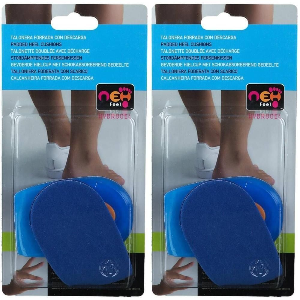 Twee paar blauwe hielcupjes met ontlasting, NEH Foot.
