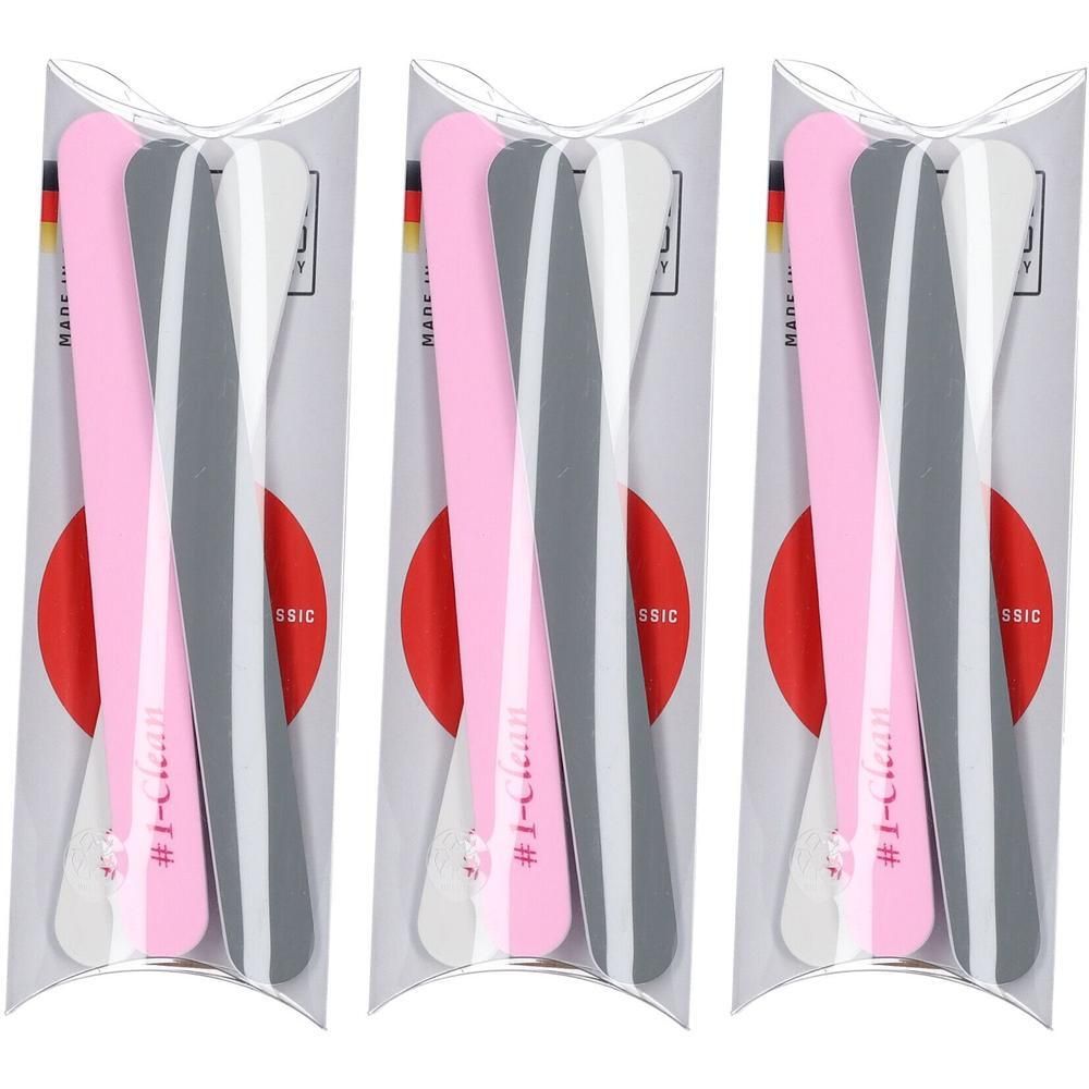 Trois limes à ongles roses, grises et blanches, emballées dans un étui transparent.
