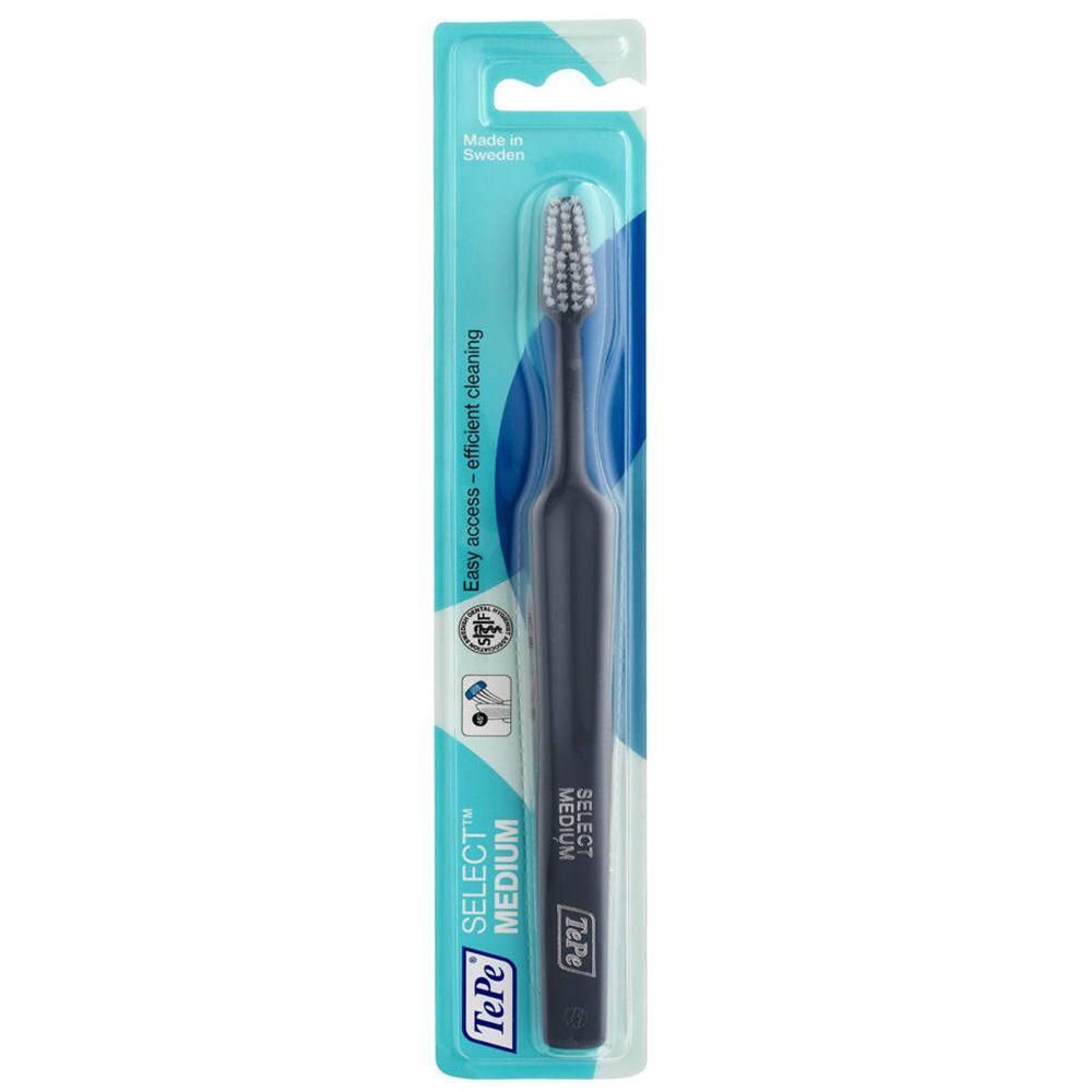 Brosse à dents TePe Select Medium bleu foncé avec tête de poils medium.