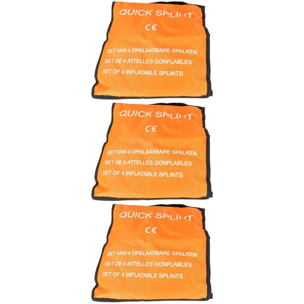 Drie oranje zakken met "QUICK SPLINT" en "CE". Elke zak bevat 4 opblaasbare spalken.
