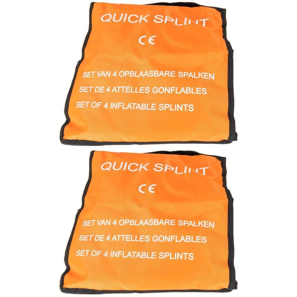 Twee oranje zakken met "QUICK SPLINT" en "CE". Elke zak bevat 4 opblaasbare spalken.