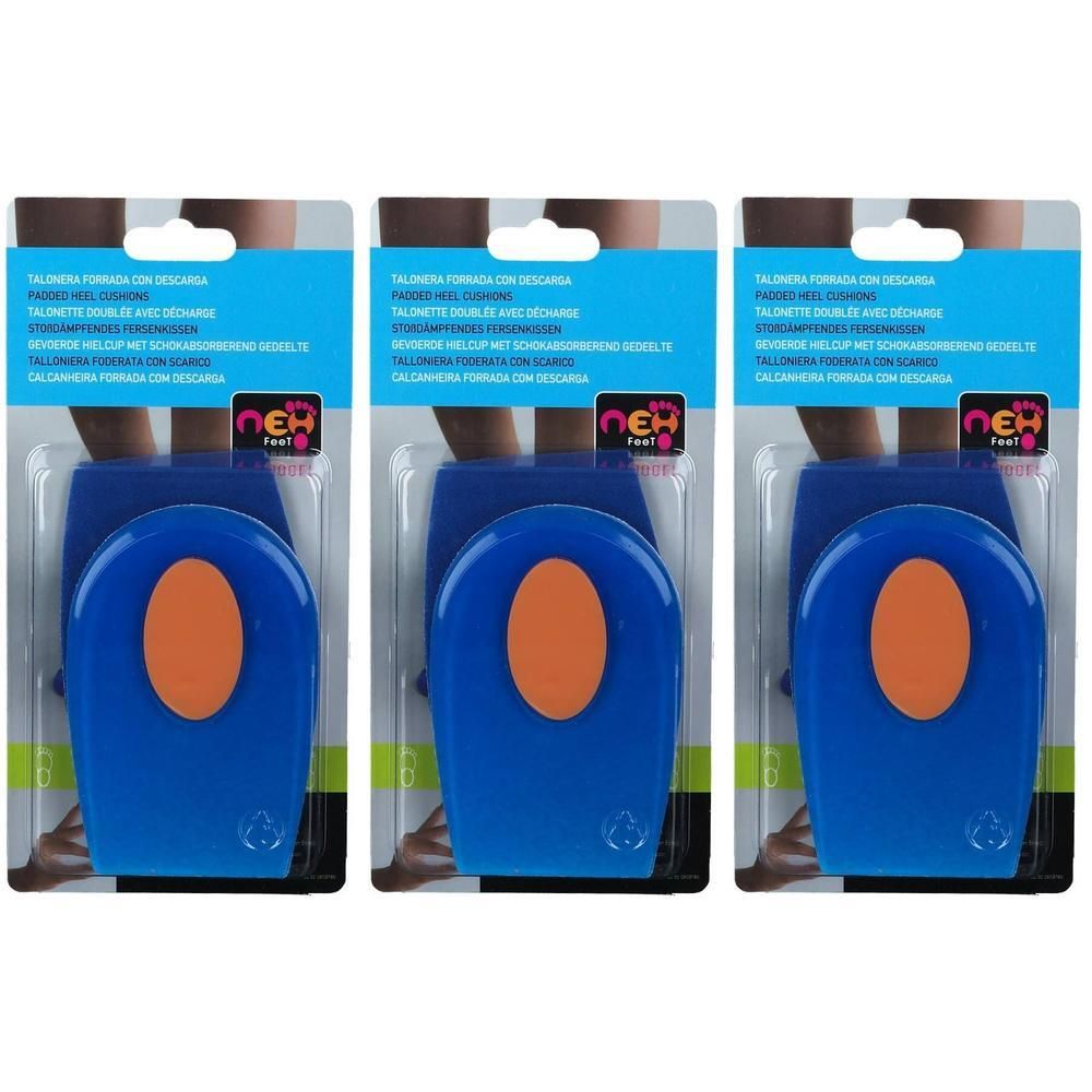 Trois paires de talonnettes bleues avec insert orange, emballées.
