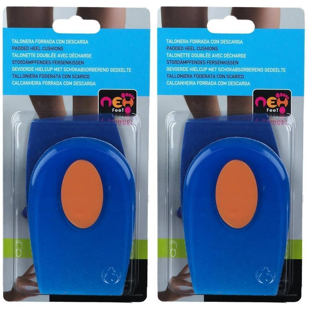 Deux paires de talonnettes bleues avec insert orange, emballées.