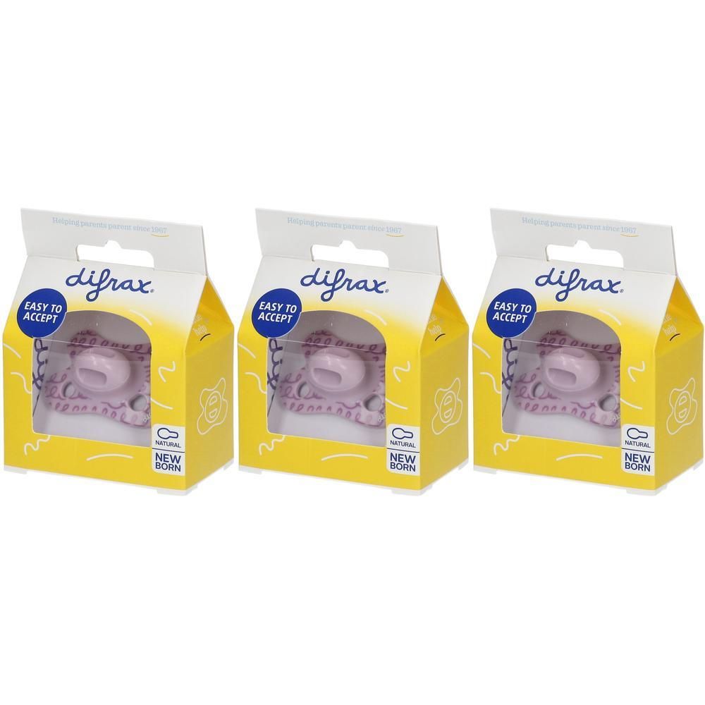 Drie Difrax fopspenen in roze verpakking, met opschrift "Easy to Accept" en "New Born".