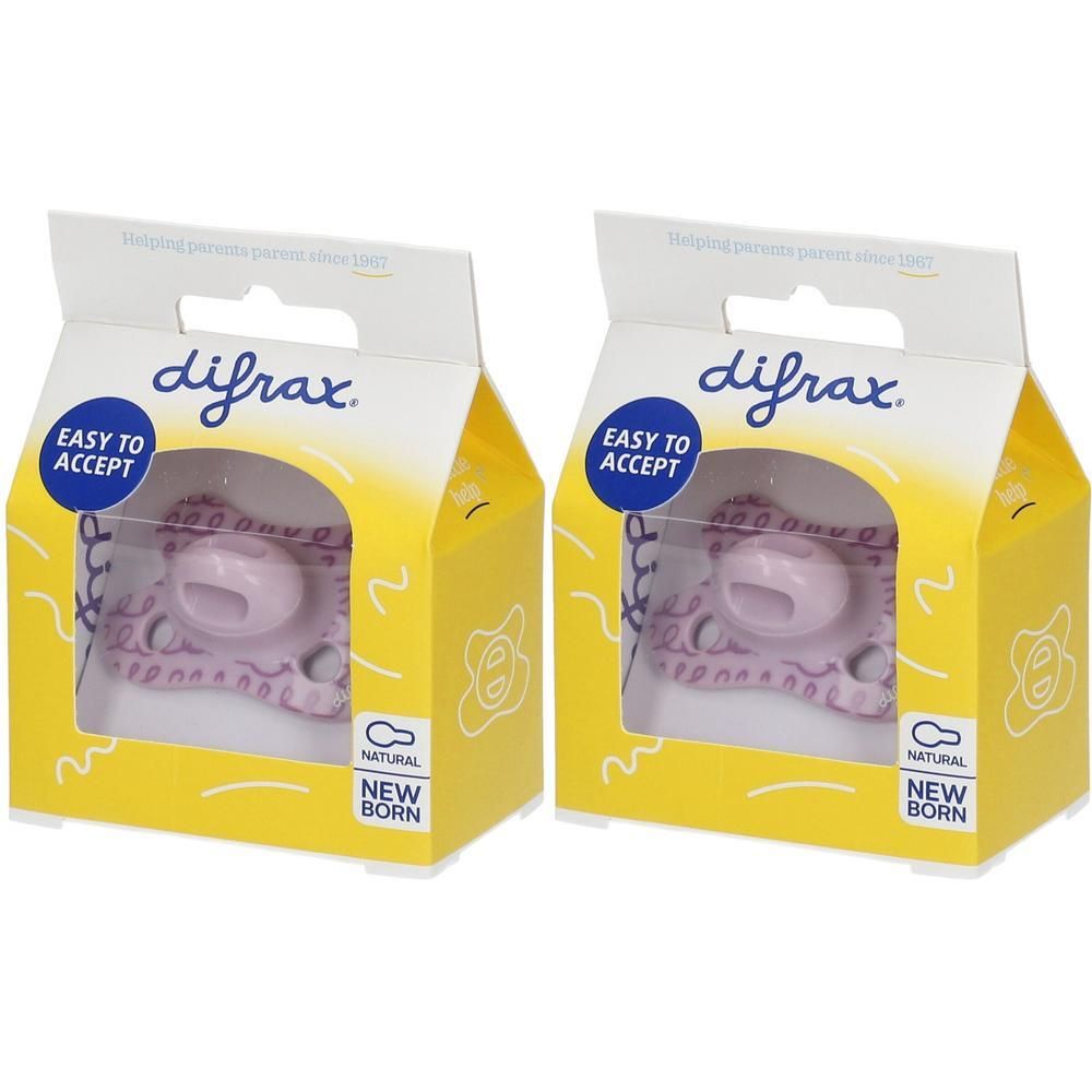 Twee Difrax Natural Newborn fopspeentjes in roze verpakking. Makkelijk te accepteren.