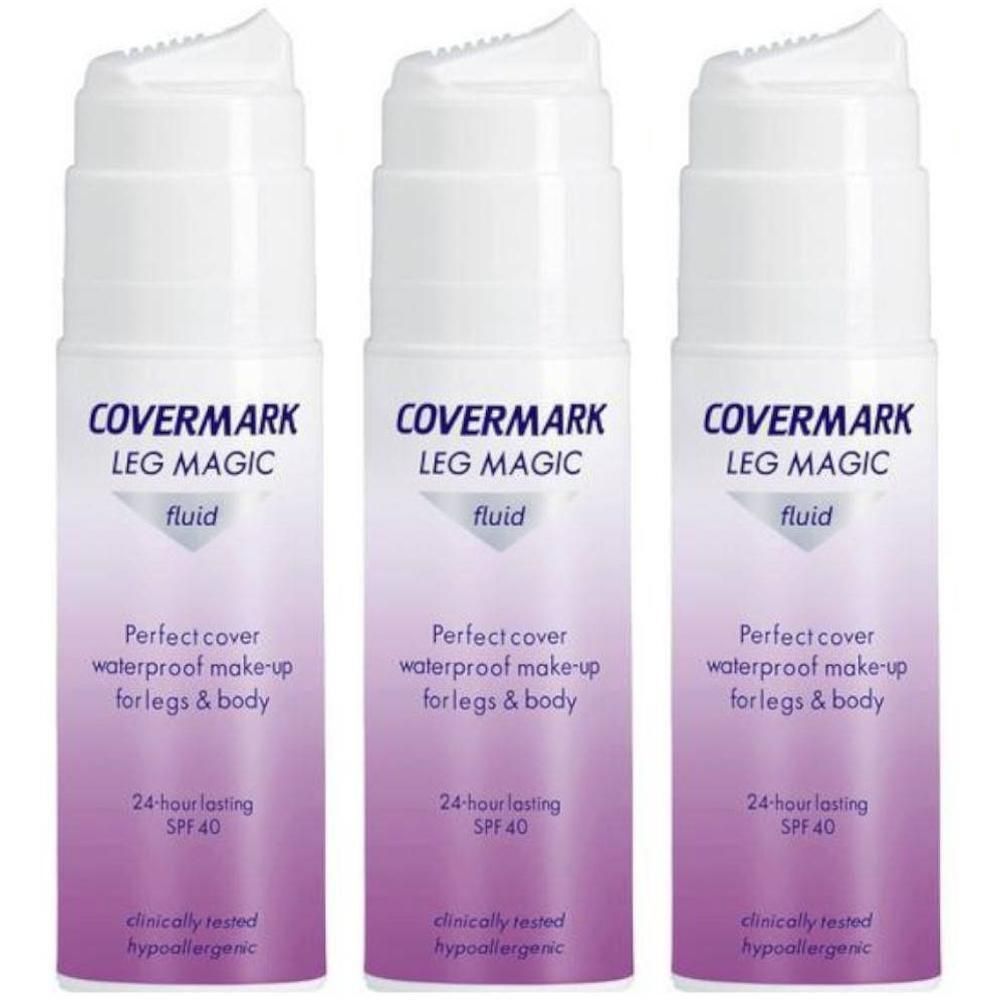 Trois flacons de Covermark Leg Magic Fluid SPF 40, maquillage waterproof pour jambes et corps.