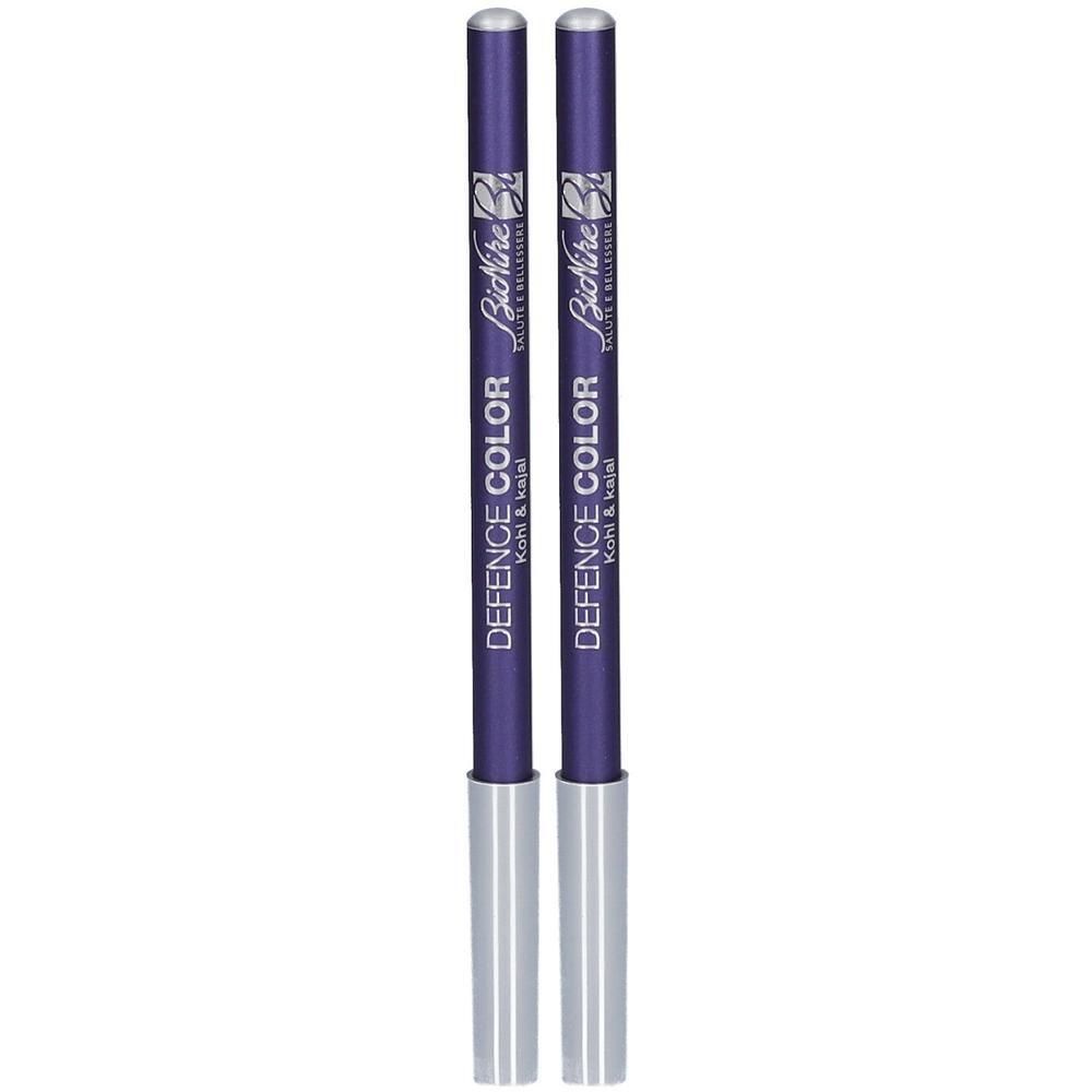 Twee paarse kohl- en kajalpotloden met zilveren doppen en zilveren opdruk.
