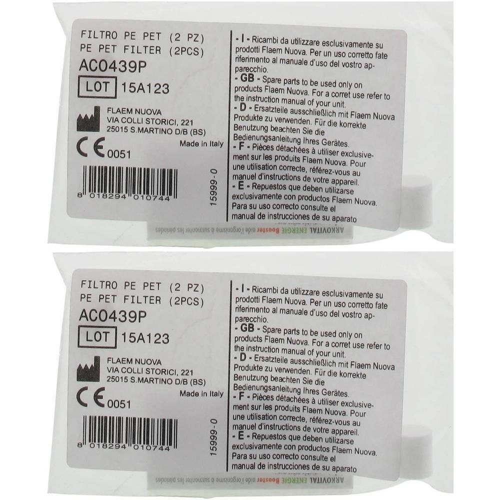 Deux filtres PE PET, modèle AC0439P, avec marquage CE et informations du fabricant.