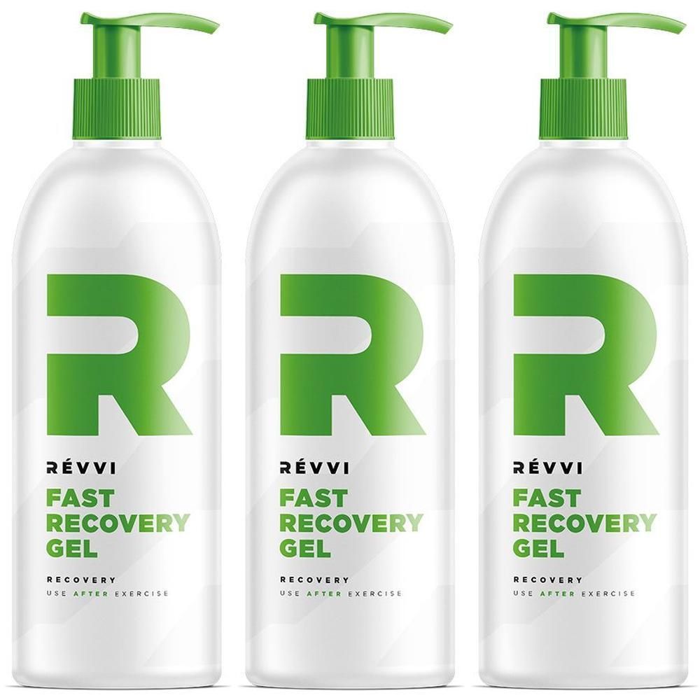 Drie witte pompflesjes met groen R-logo en opschrift "RÉVVI FAST RECOVERY GEL".