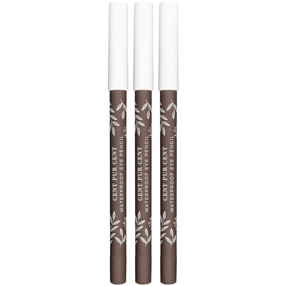 Drie bruine waterproof oogpotloden met witte dop en bladerpatroon.