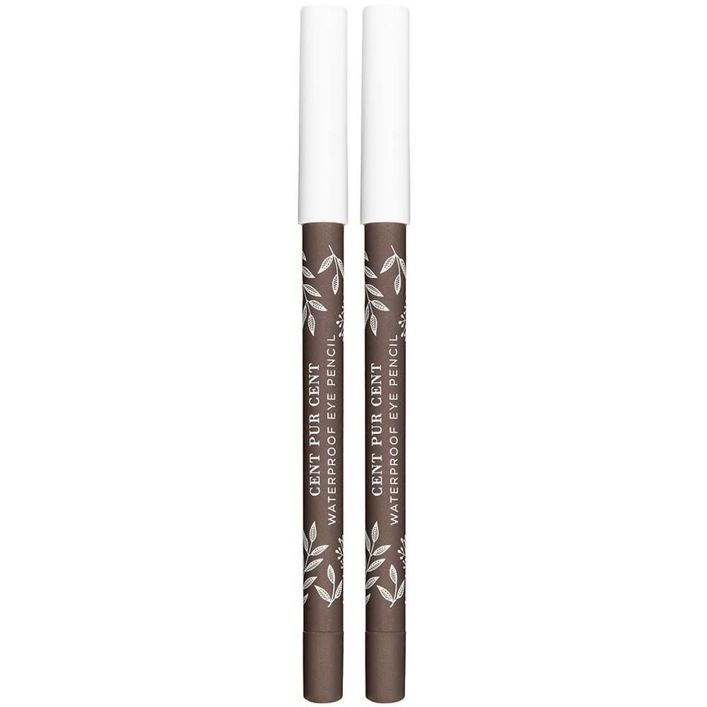 Deux crayons yeux waterproof marron avec capuchon blanc et motif feuilles.