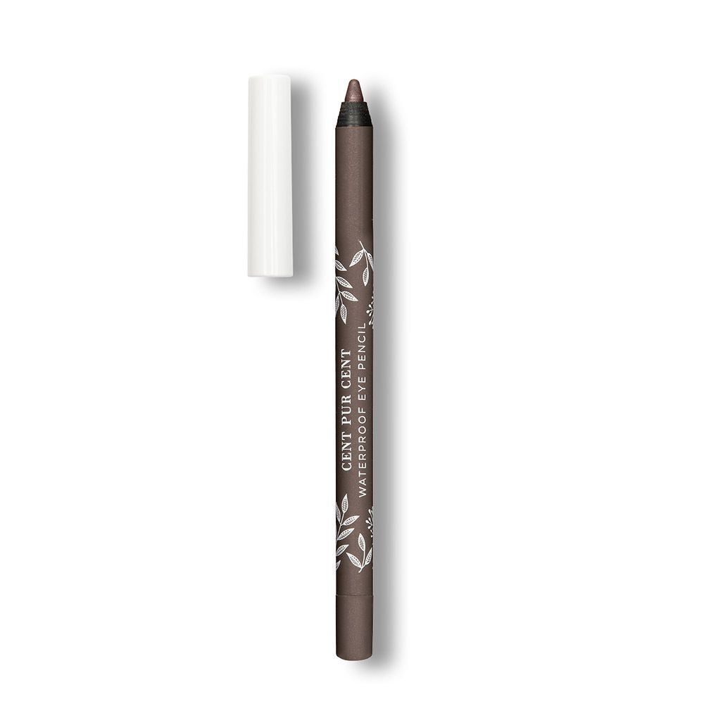 Bruin waterproof oogpotlood met witte dop, bladerenpatroon en punt.