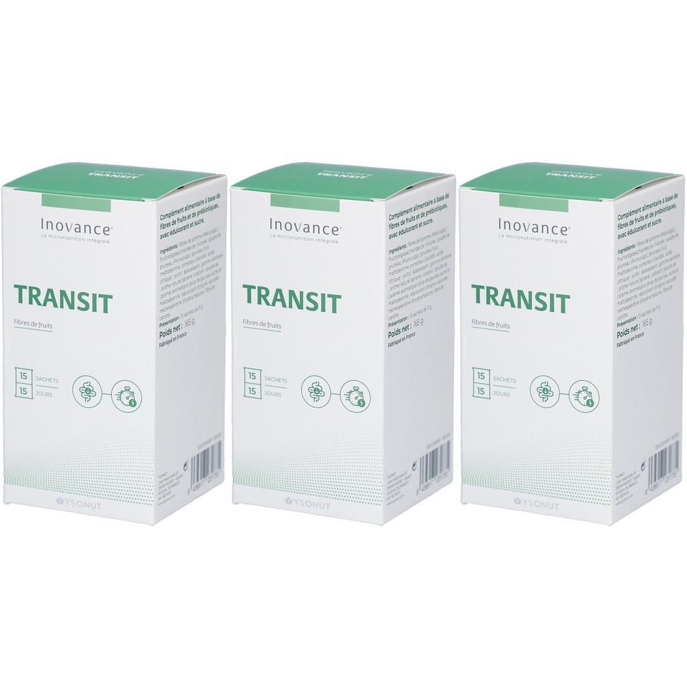 Trois boîtes Inovance Transit avec des accents verts. Chaque boîte affiche le nom du produit et des informations.