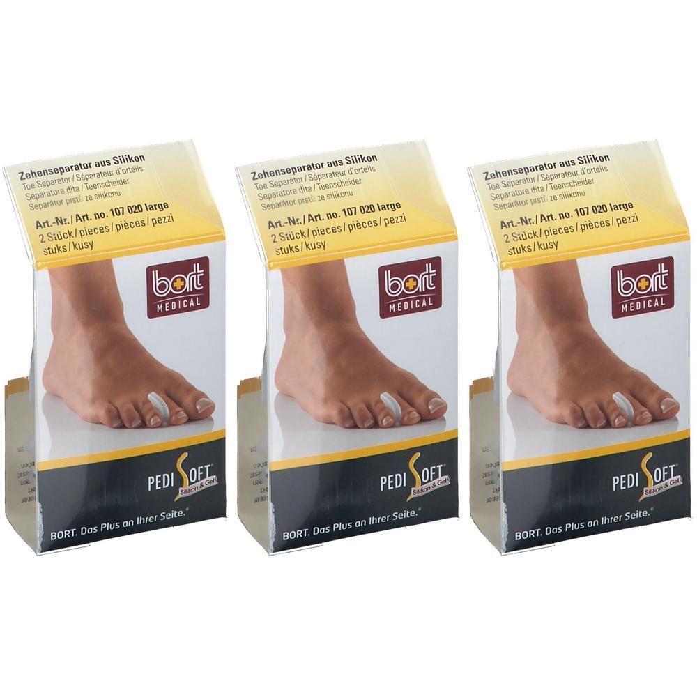 Trois paquets de séparateurs d'orteils en silicone Bort Medical, PediSoft.