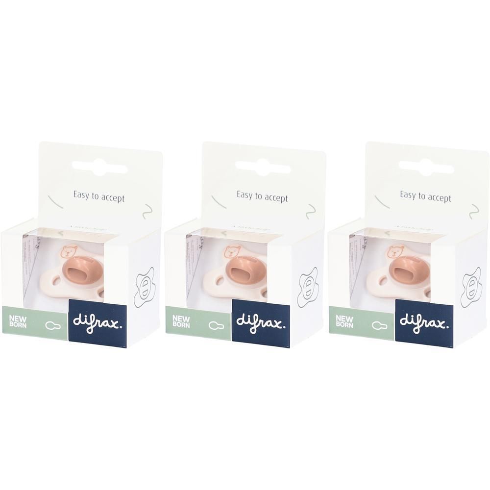 Trois sucettes Difrax nouveau-né rose et blanc, présentées dans leurs emballages.