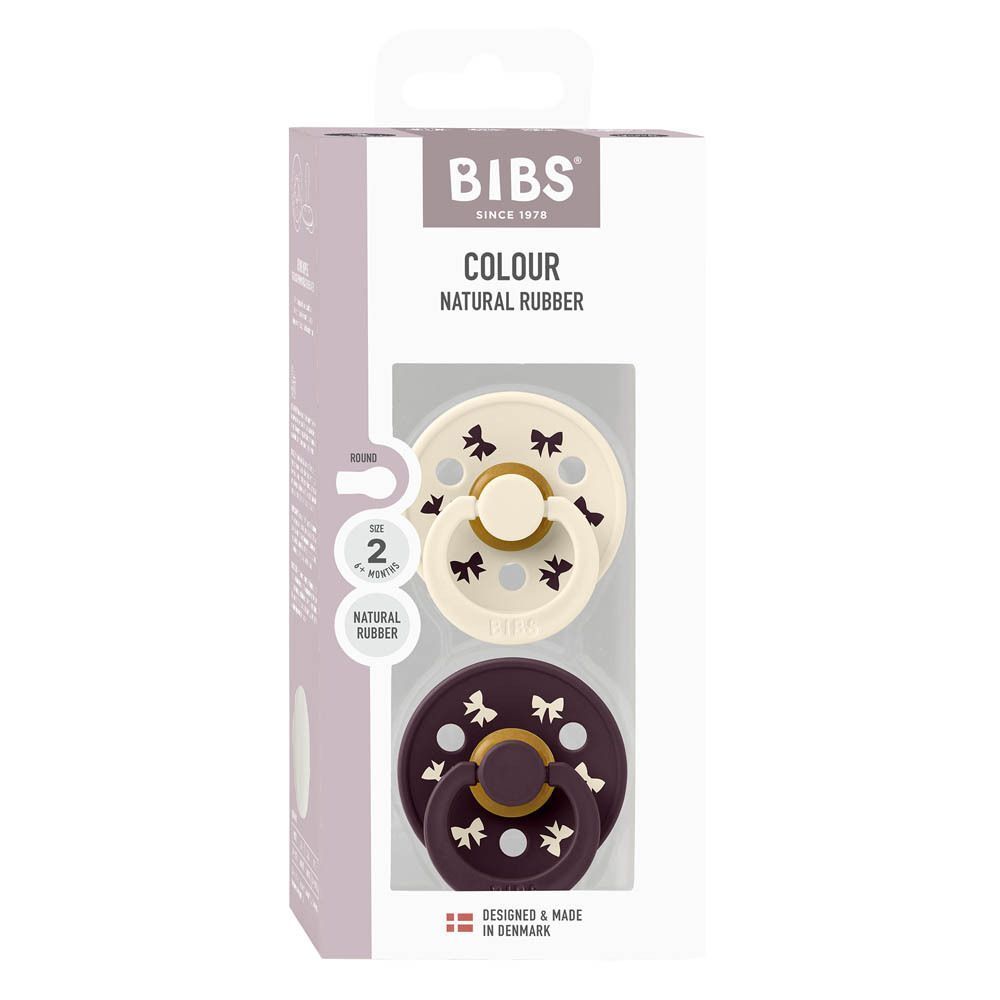 Boîte de sucettes BIBS avec deux sucettes rondes en latex, crème et violet foncé, taille 2.