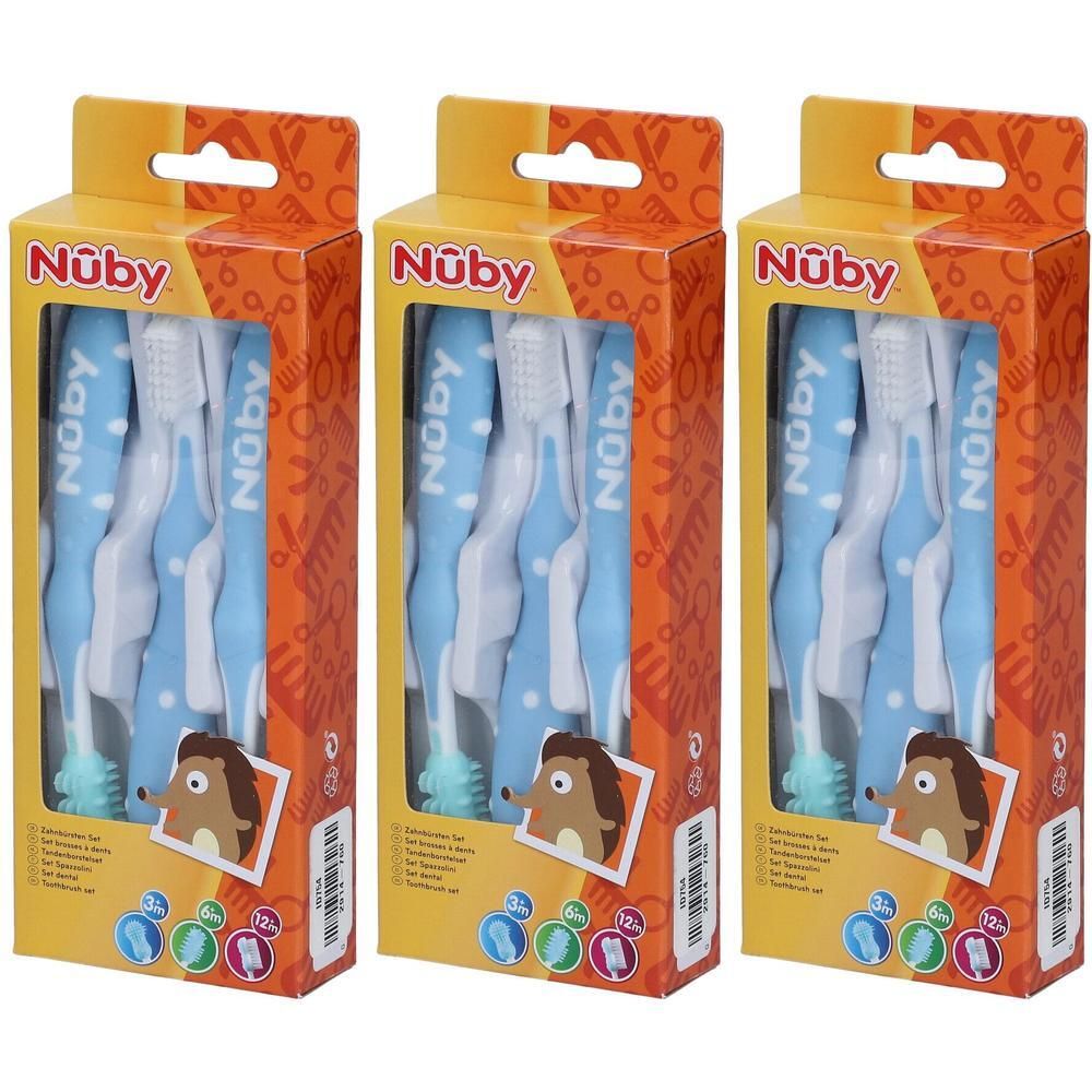 Lot de 3 brosses à dents Nuby pour bébés, poils souples, motif hérisson.