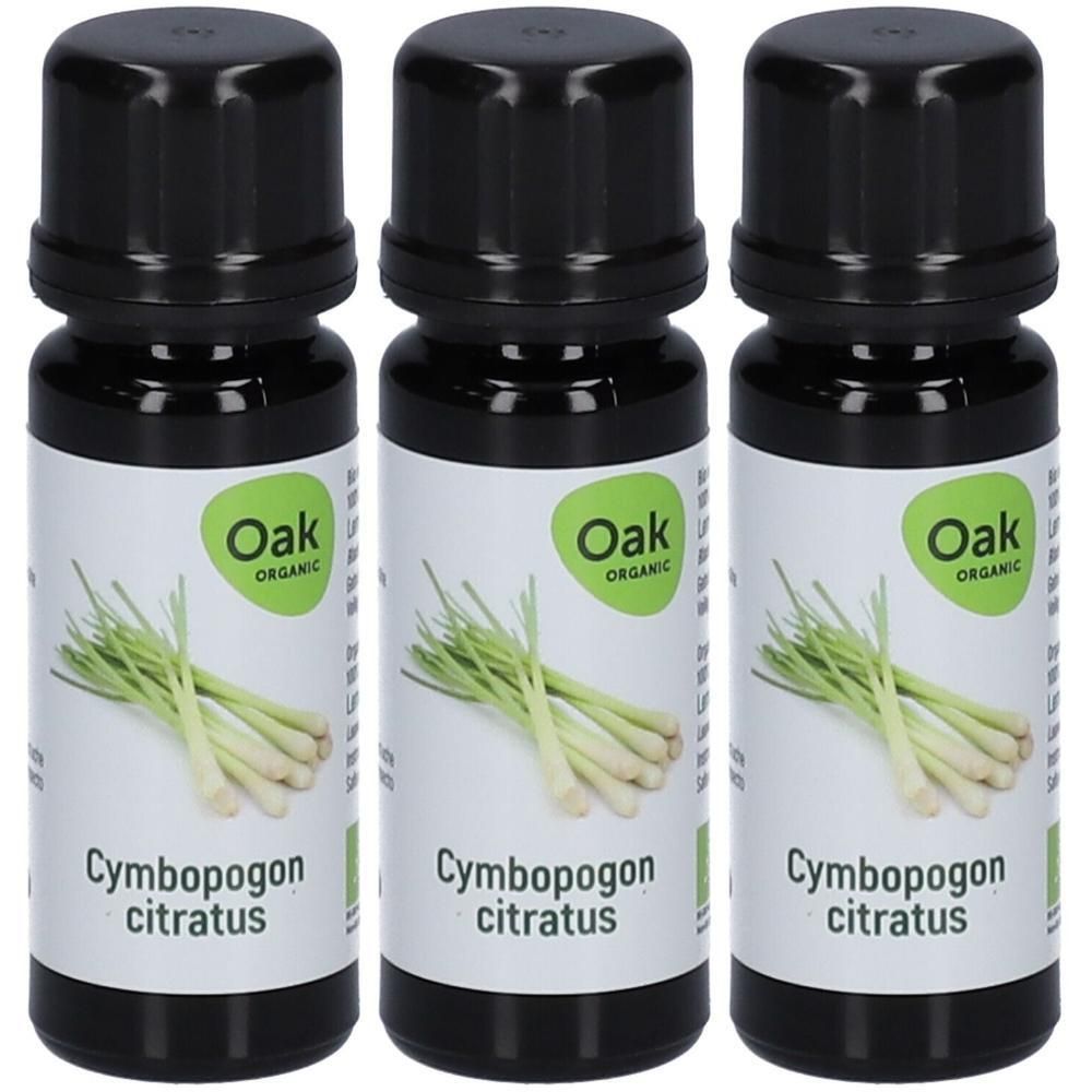 Trois bouteilles d'huile essentielle bio Oak Citronnelle avec étiquette.