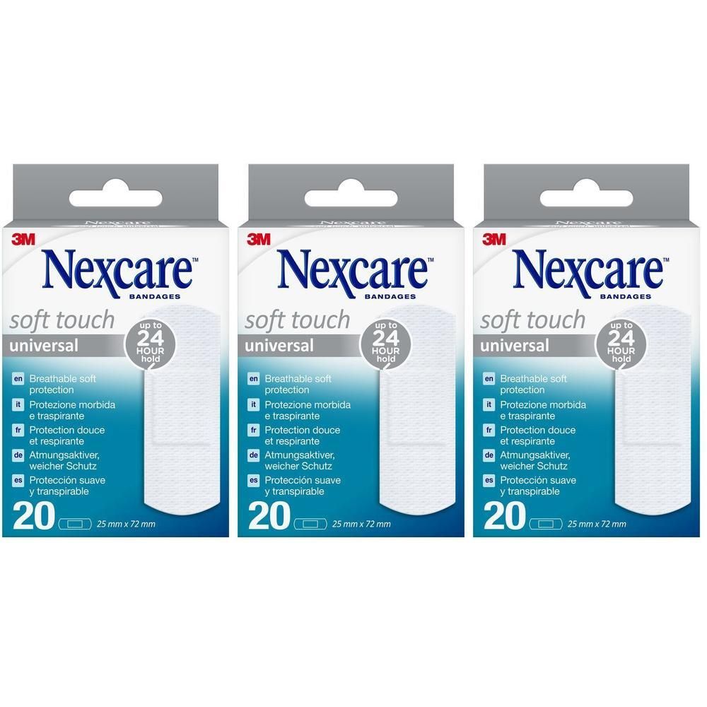 Trois paquets de pansements universels Nexcare Soft Touch, 20 par paquet.