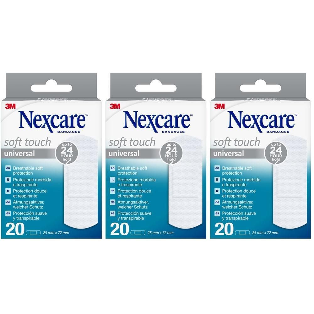 Drie pakken Nexcare Soft Touch universele pleisters, 20 per pak.