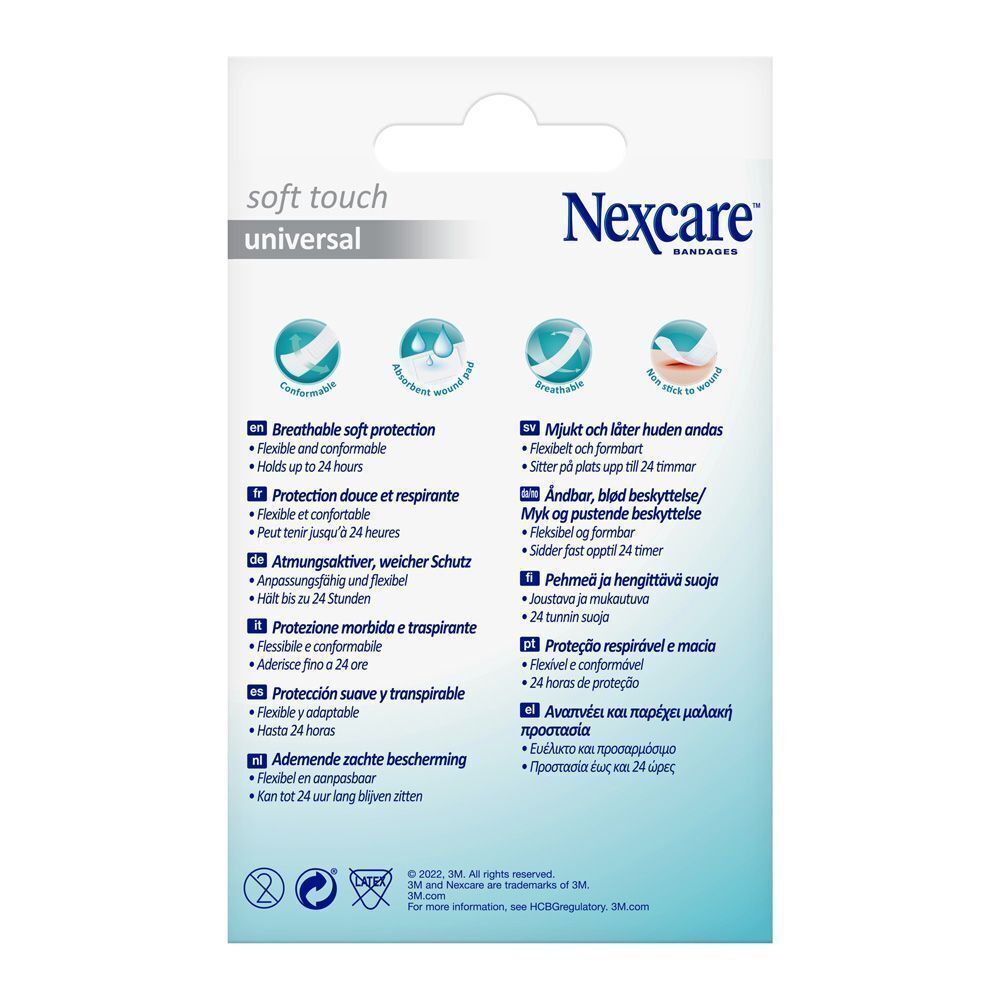Arrière d'un paquet de pansements universels Nexcare Soft Touch.