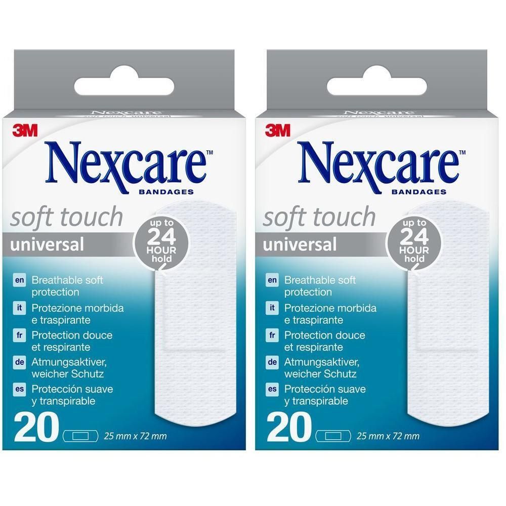 Twee pakken Nexcare Soft Touch universele pleisters, 20 per pak.