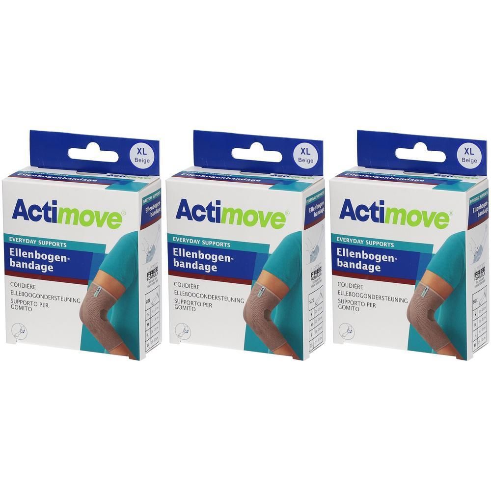 Trois bandages pour coude Actimove, taille XL, couleur beige, en emballages individuels.