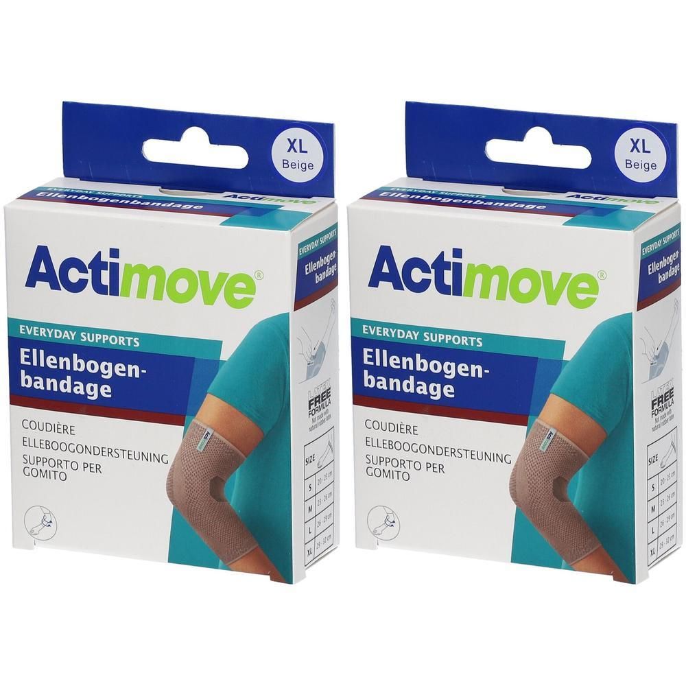 Deux bandages de coude Actimove beiges, taille XL, dans leur emballage.