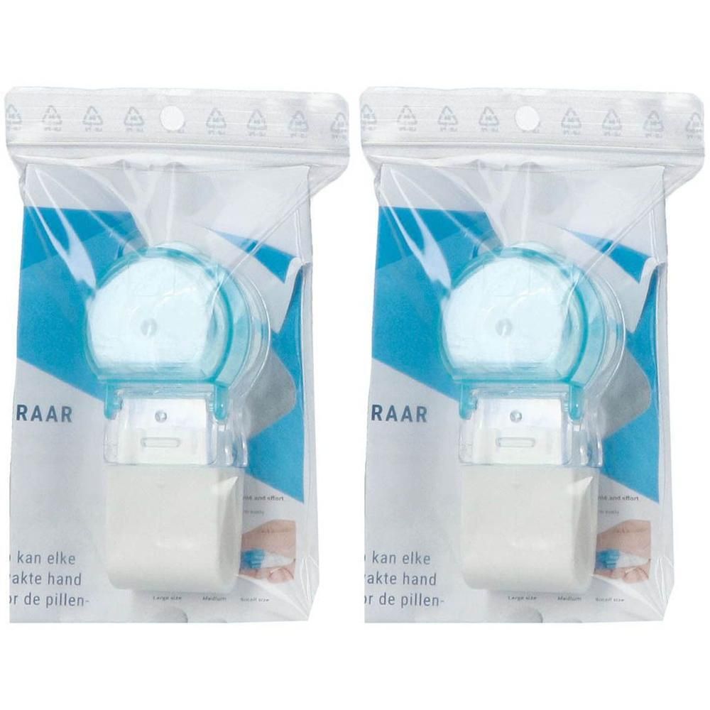 Twee pillensnijders in doorzichtige verpakking met blauwe accenten.