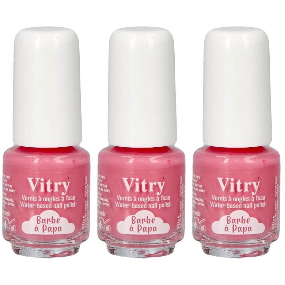 Trois flacons de vernis à ongles rose avec bouchons blancs. Marque Vitry.