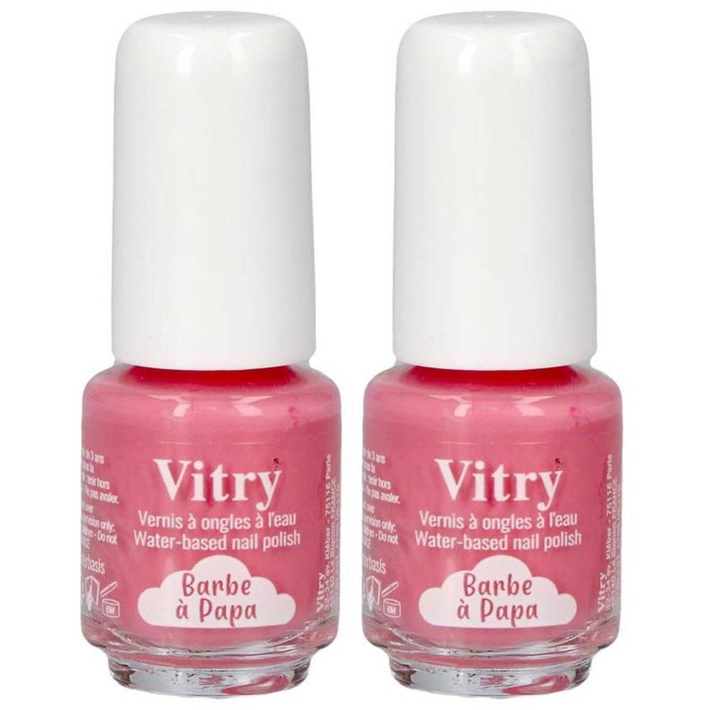 Deux flacons de vernis à ongles rose avec bouchon blanc. Marque : Vitry.