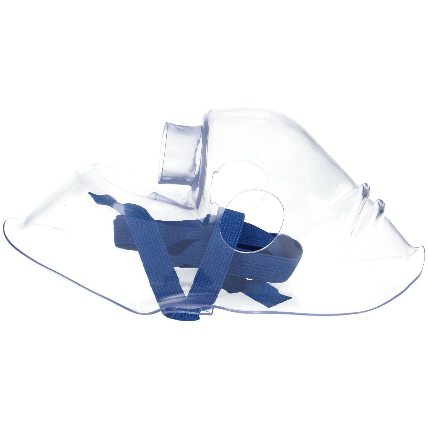 Masque d'inhalation transparent en PVC avec des sangles bleues.