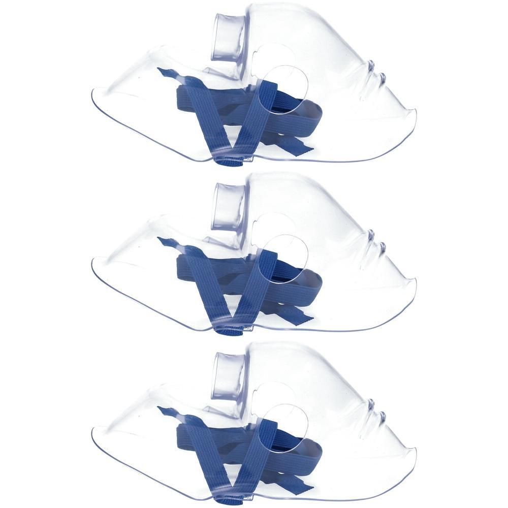 Trois masques transparents avec sangles bleues, pour nébuliseurs.
