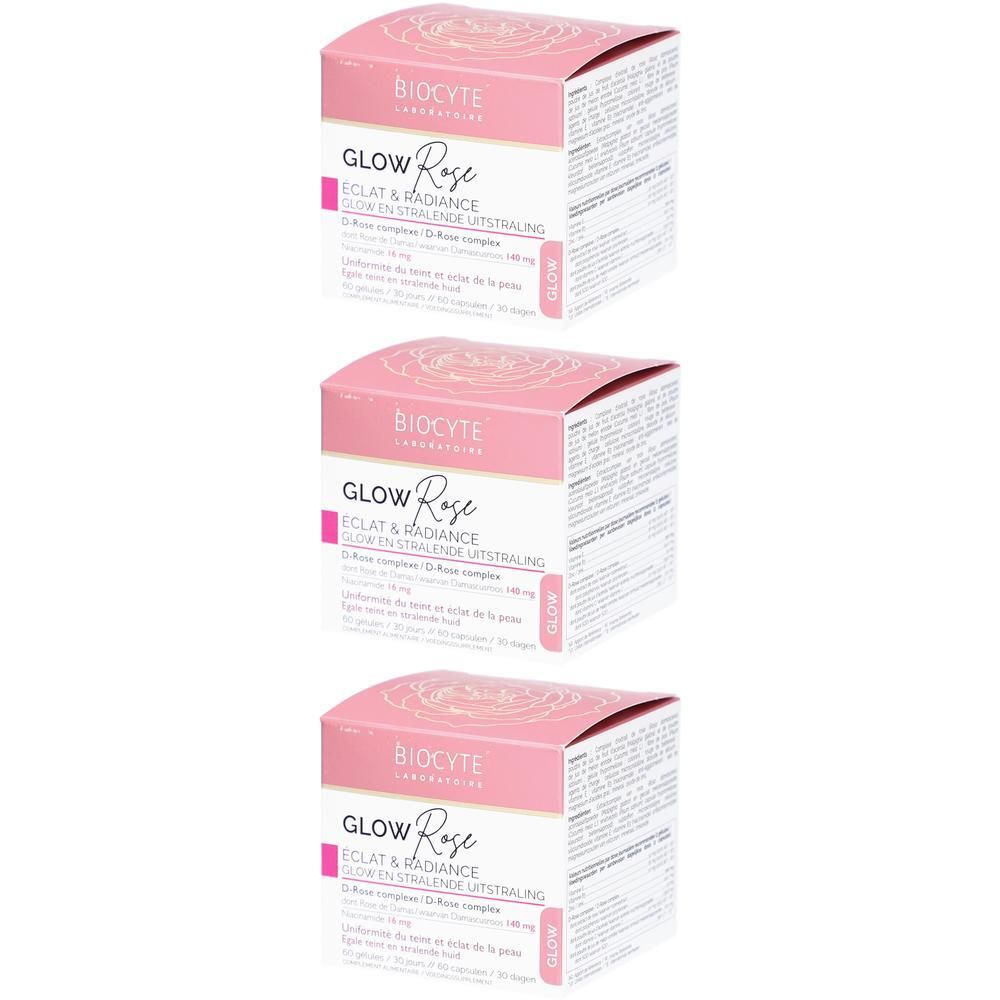 Drie verpakkingen Biocyte Glow Rose voedingssupplementen met rozencomplex.